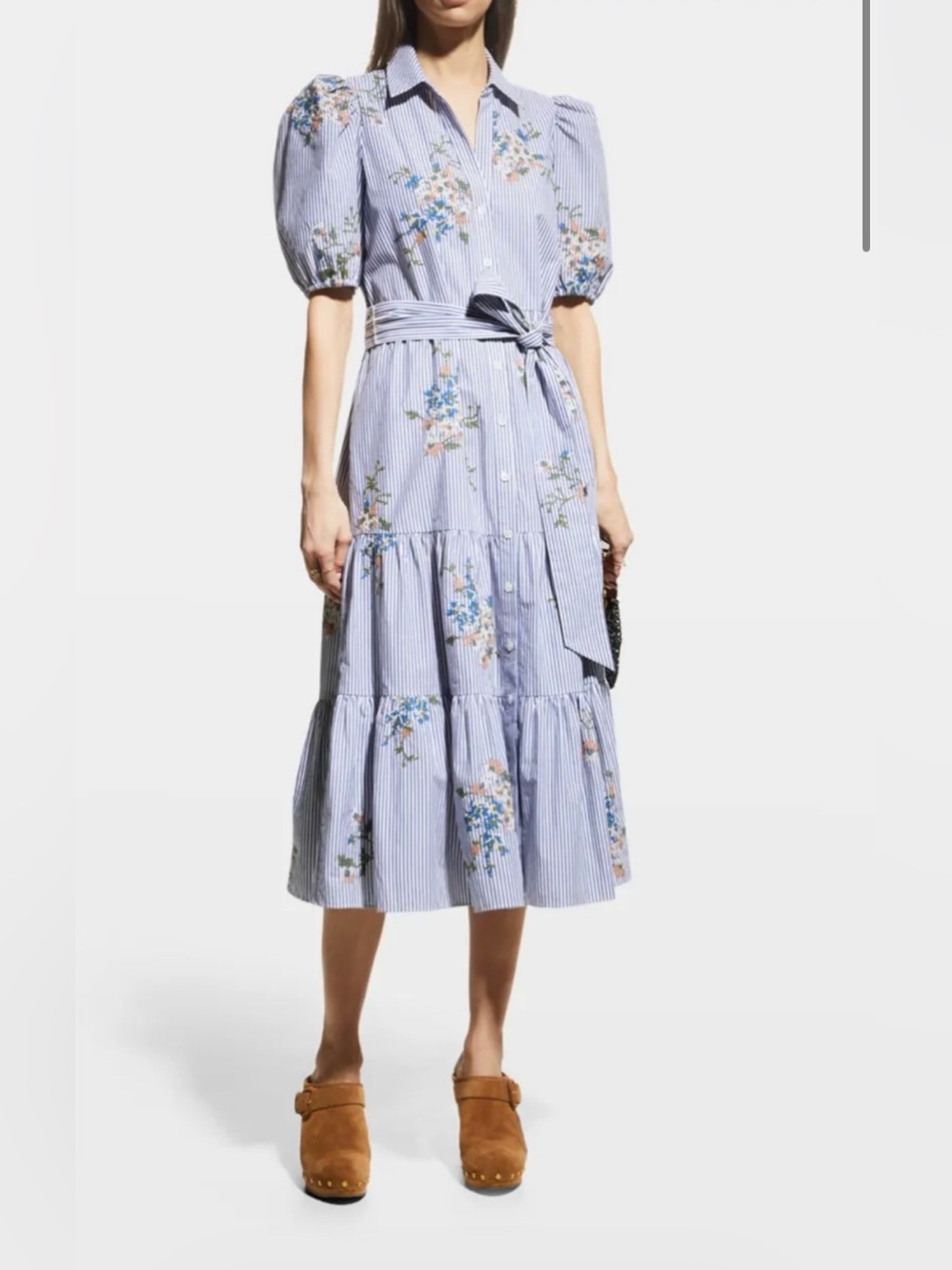 Veronica Beard Light Blue Striped Floral Puff-Sleeve Midi Dress